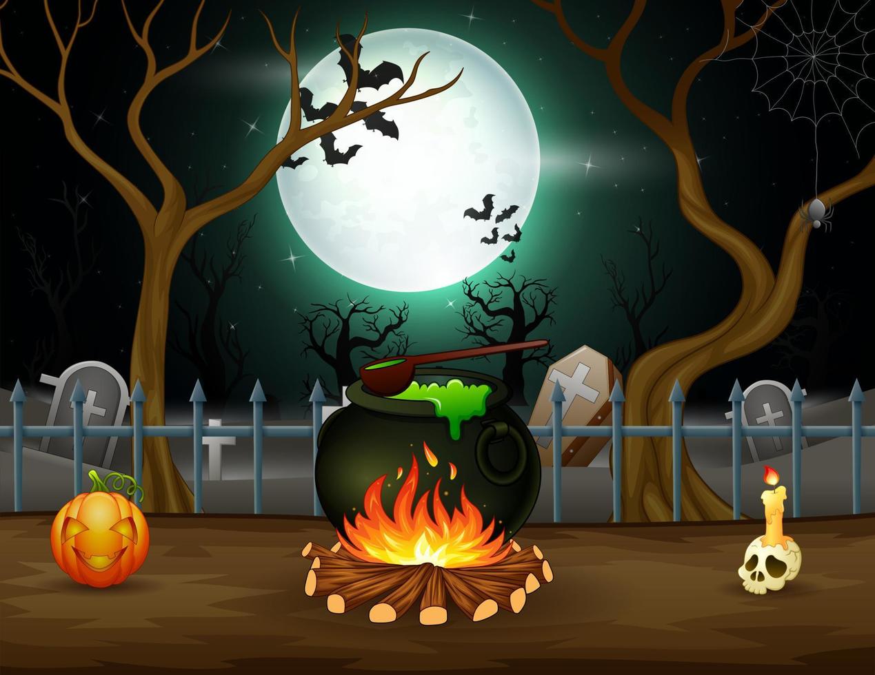 Happy Halloween with a potion in a cauldron in front of a graveyard vector