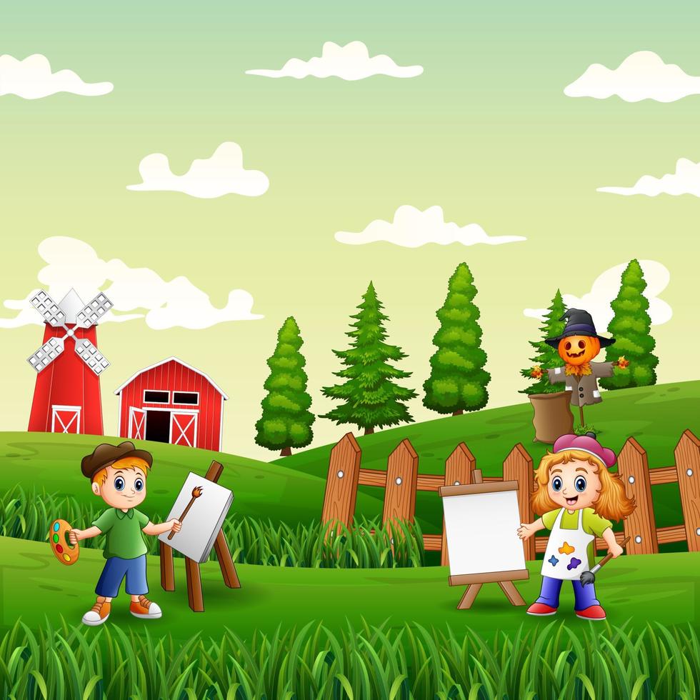 Happy children paint a landscapes in the garden vector