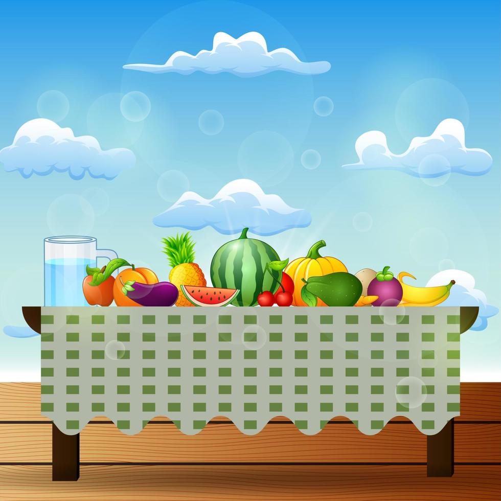 frutas frescas en la mesa con fondo de cielo azul vector