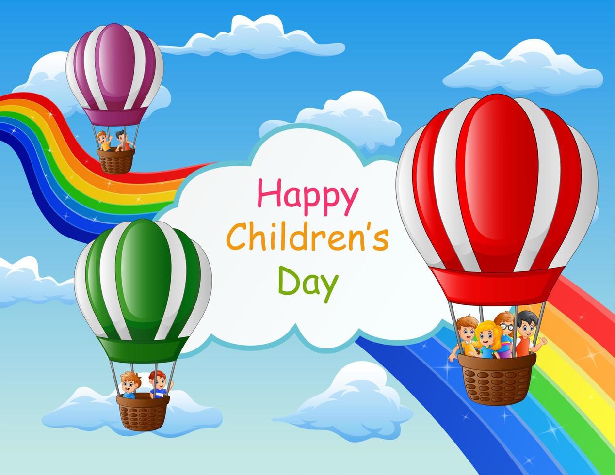 cartel del día del niño feliz con niños en globo aerostático vector
