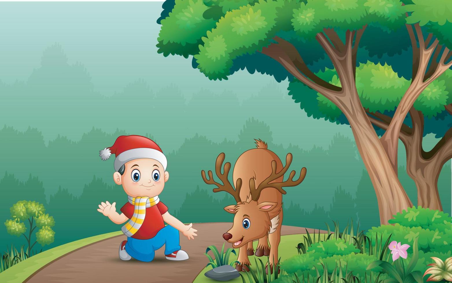 Little boy with a deer in the forest vector