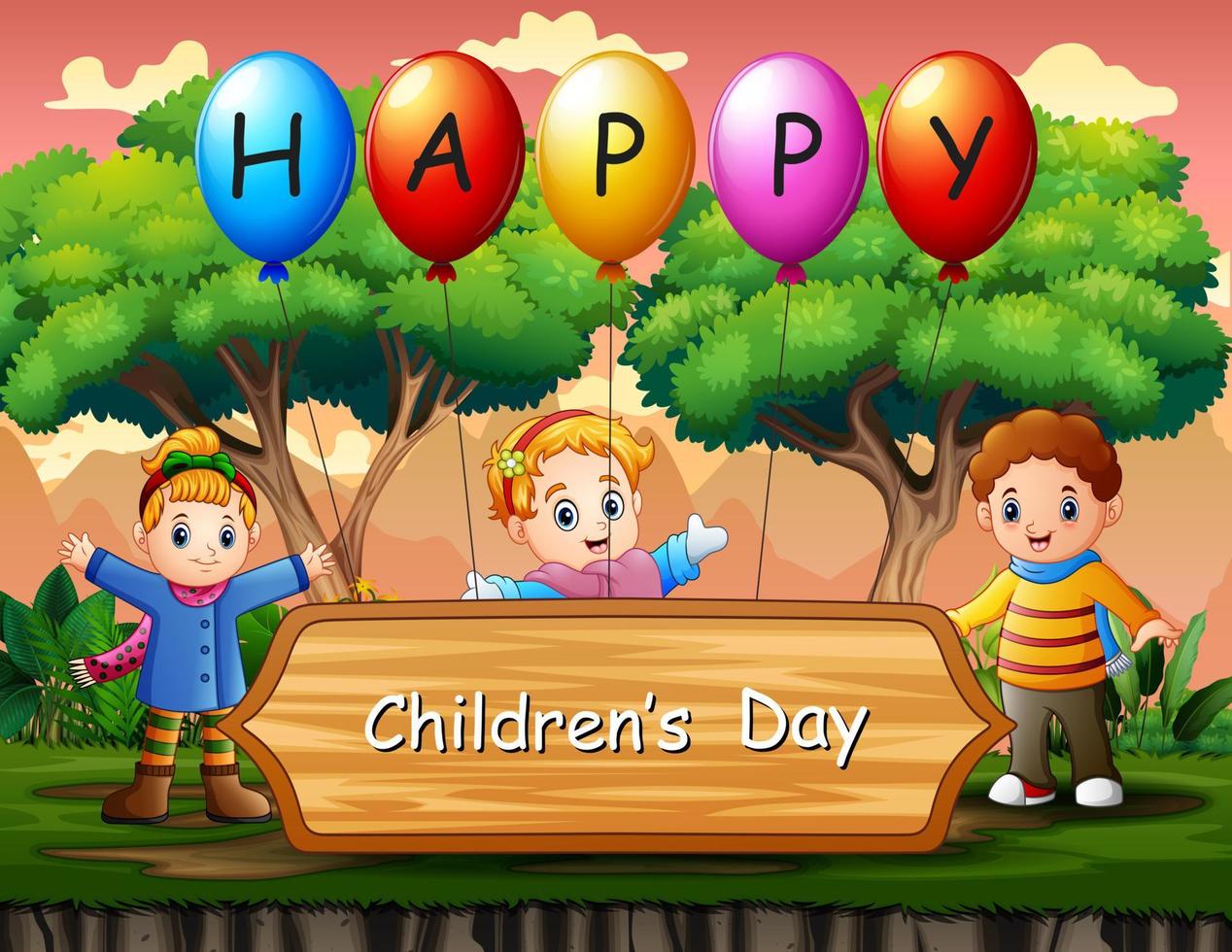 cartel del día del niño feliz con niños en la ilustración del parque vector