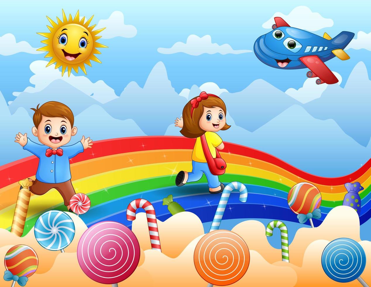 niños caminando sobre un fondo de arco iris y dulces vector