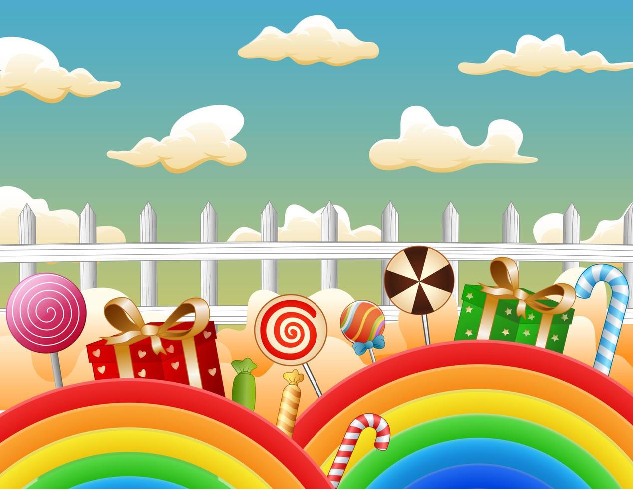 ilustración de dulces y regalos en un arco iris vector