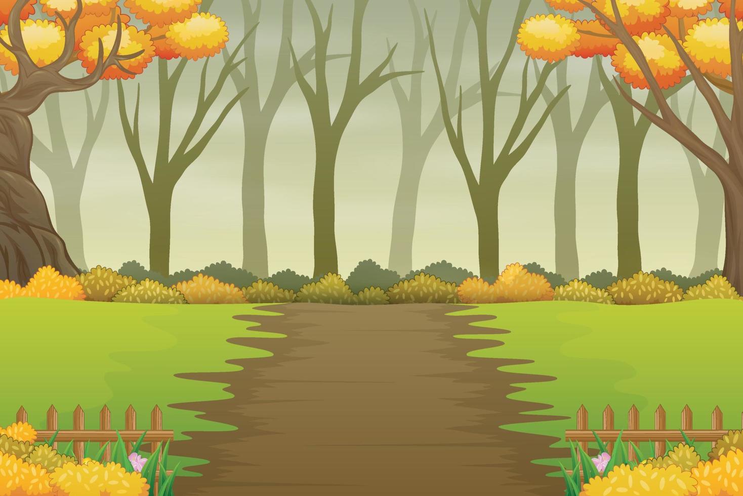 Landscape of forest path in autumn with bare and yellow trees vector