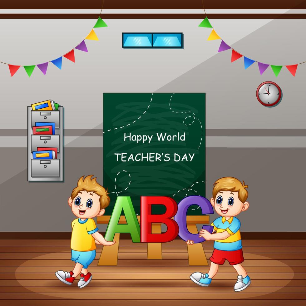 feliz día del maestro con estudiante con letra abc vector