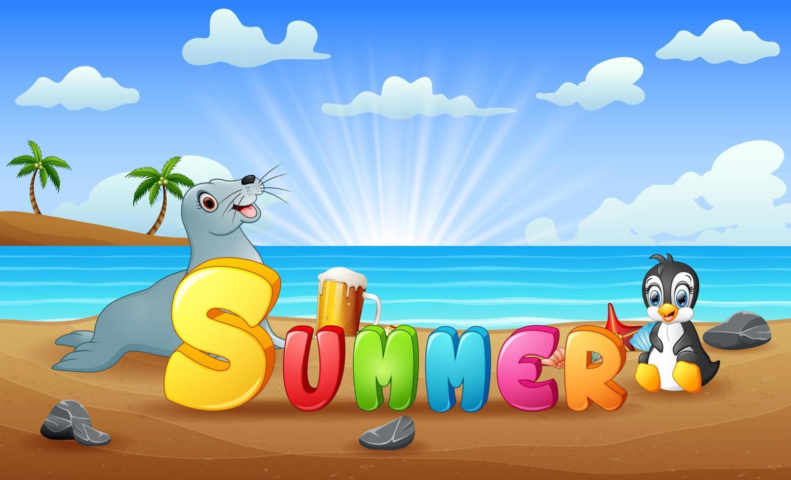 Summer beach with seal and penguin vector