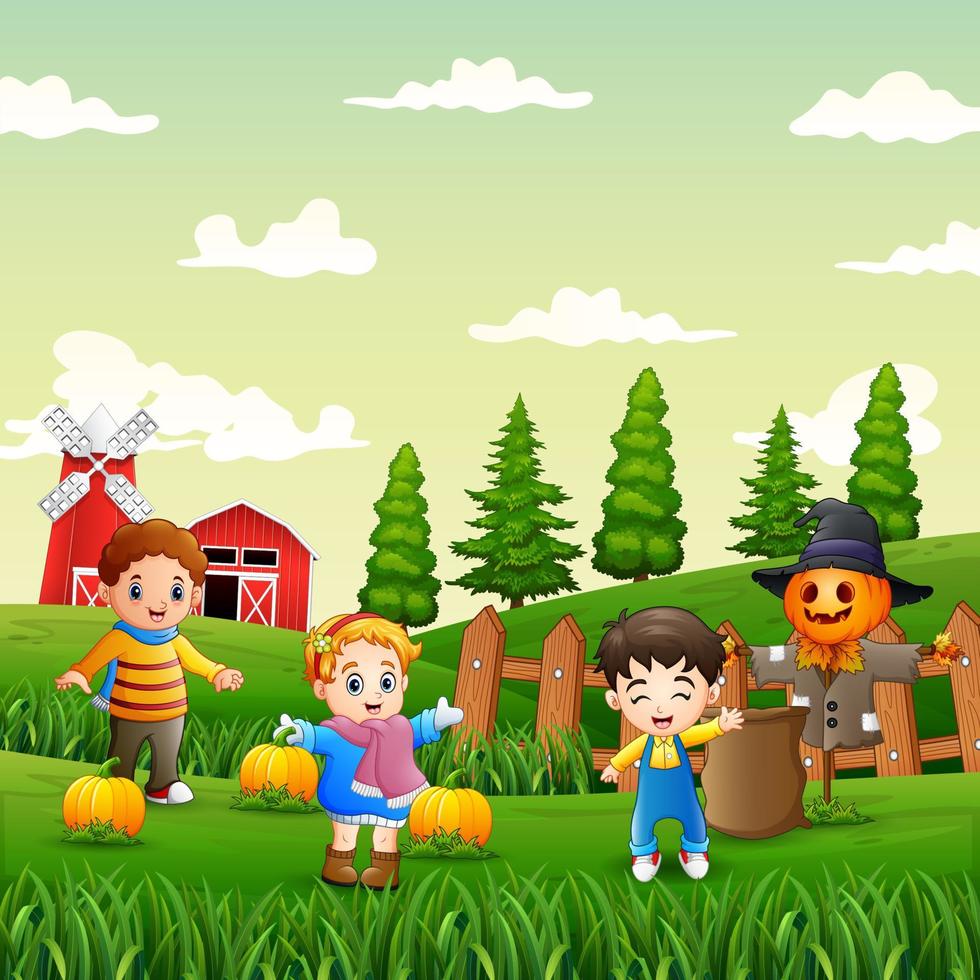 Happy children harvesting a pumpkins in the garden vector