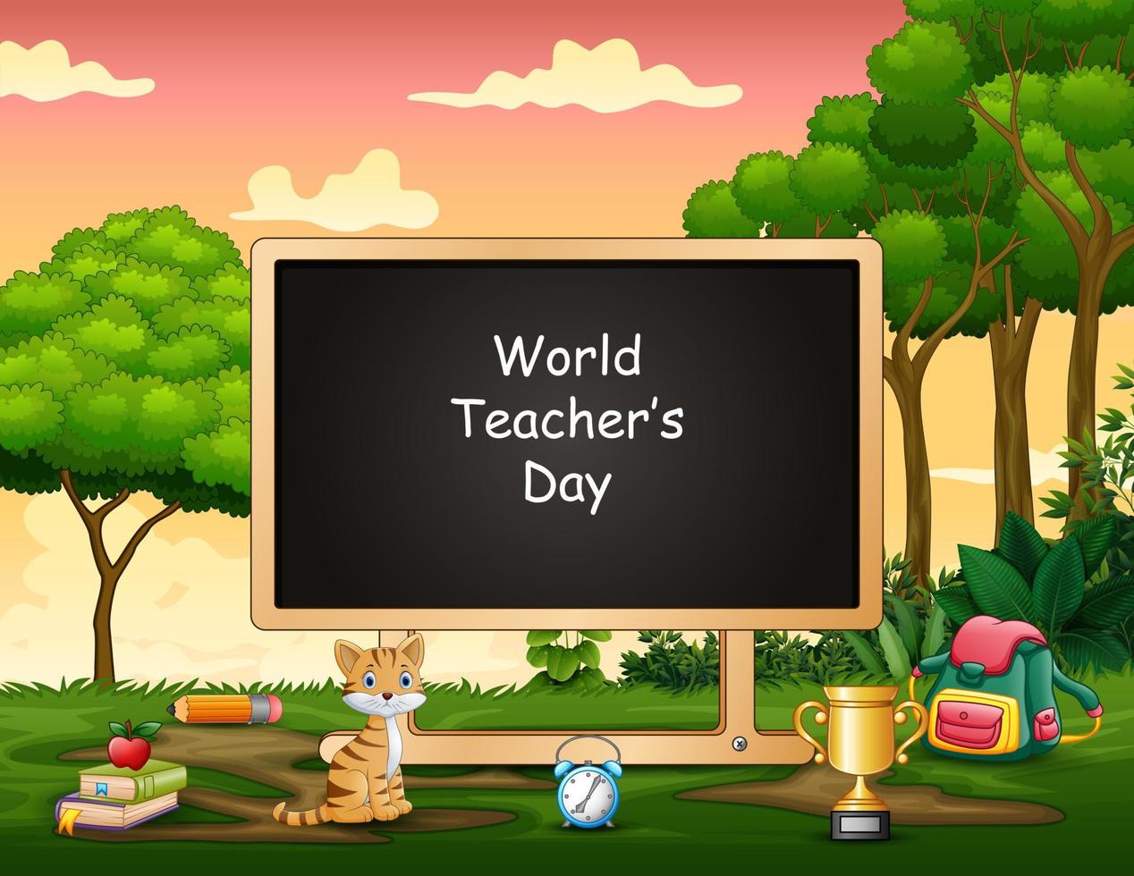 World Teacher Day text on blank board in the middle of nature vector