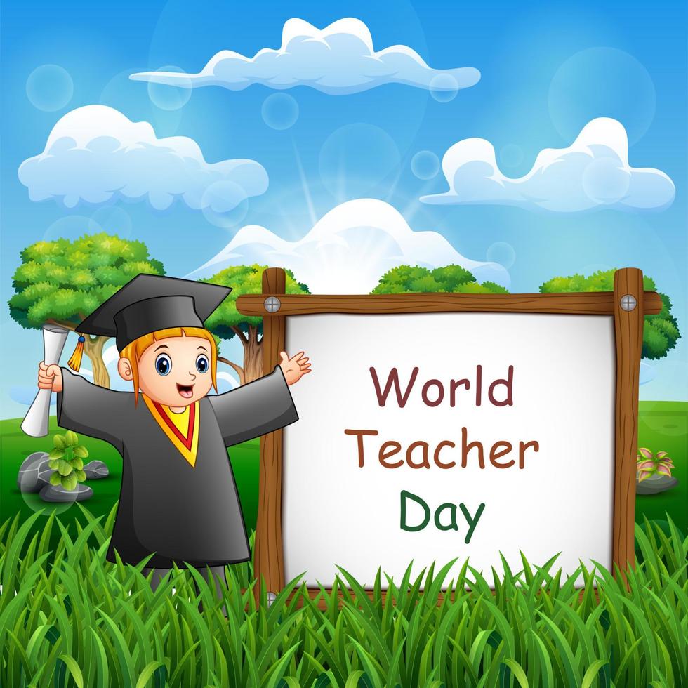 Happy World Teachers Day with graduation kids vector