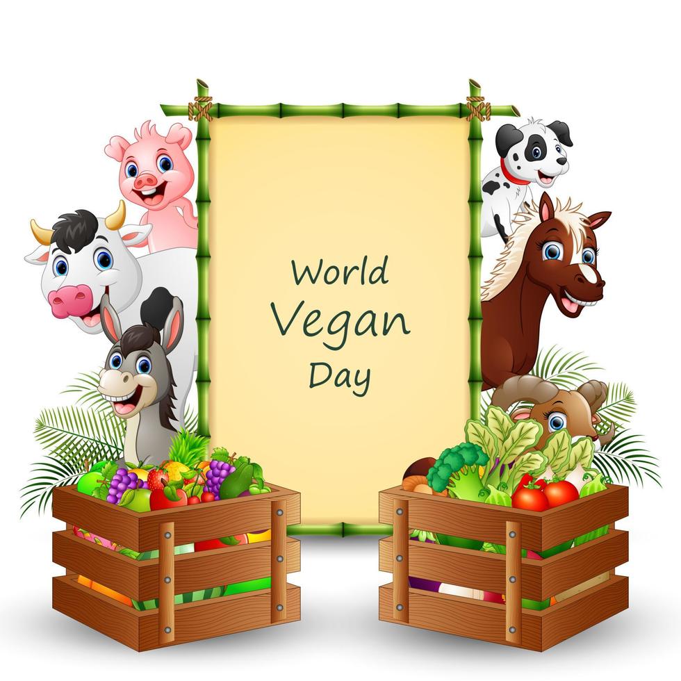 World Vegan Day text on sign with vegetables and a farm animals vector