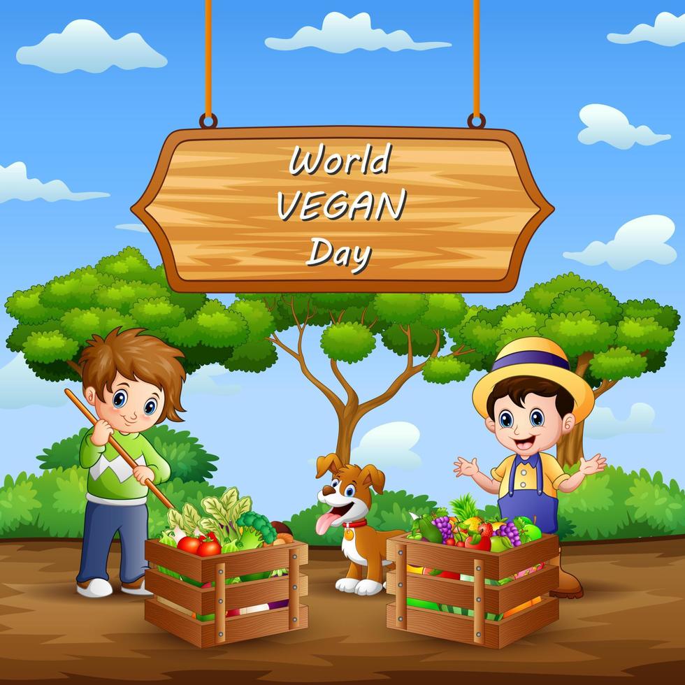 Happy World Vegan Day with farm products and farmer vector