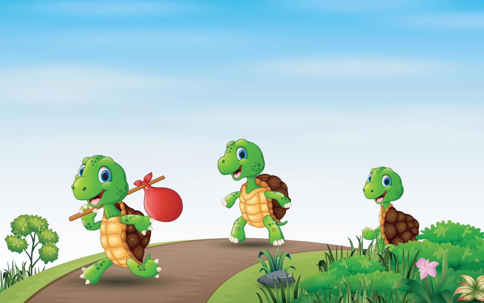 Cartoon three turtles running at the road vector