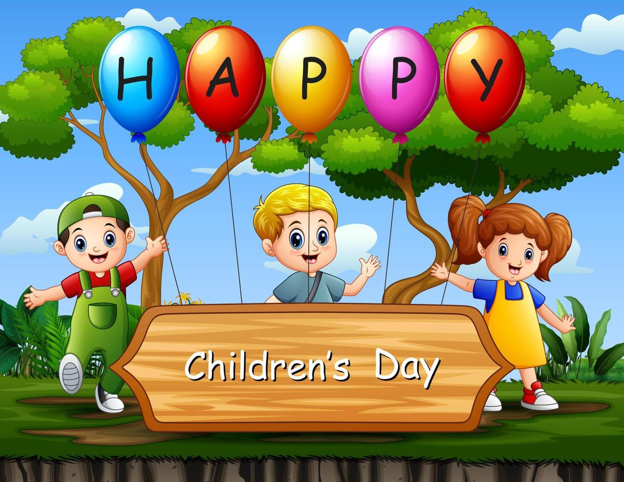 Happy children's day poster with kids in the park illustration vector