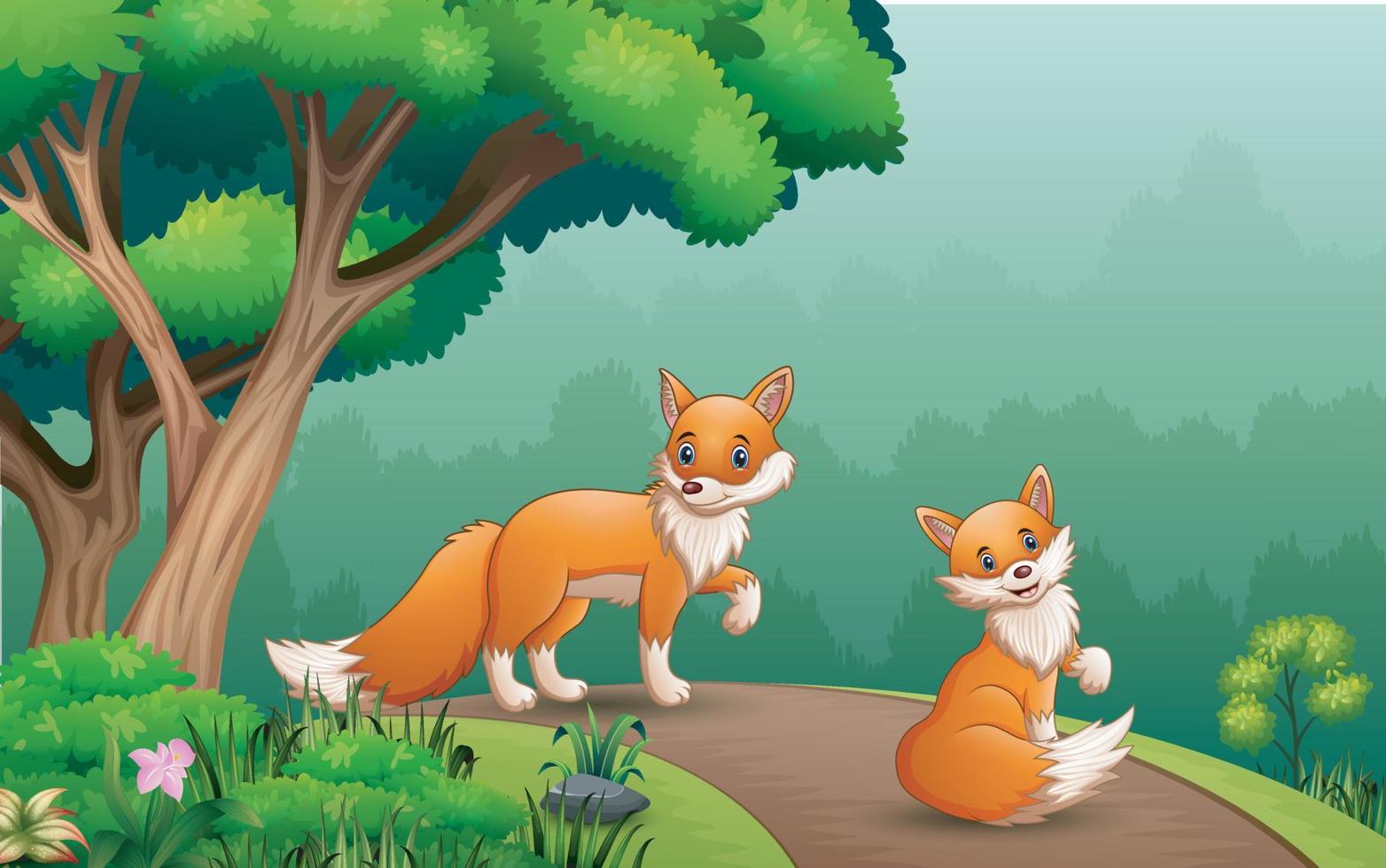 Scene with two fox on the road vector