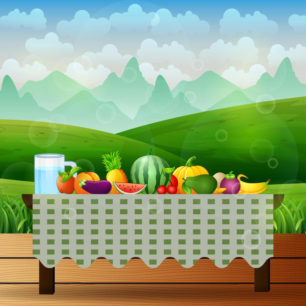 frutas frescas en la mesa en medio del fondo de la naturaleza vector