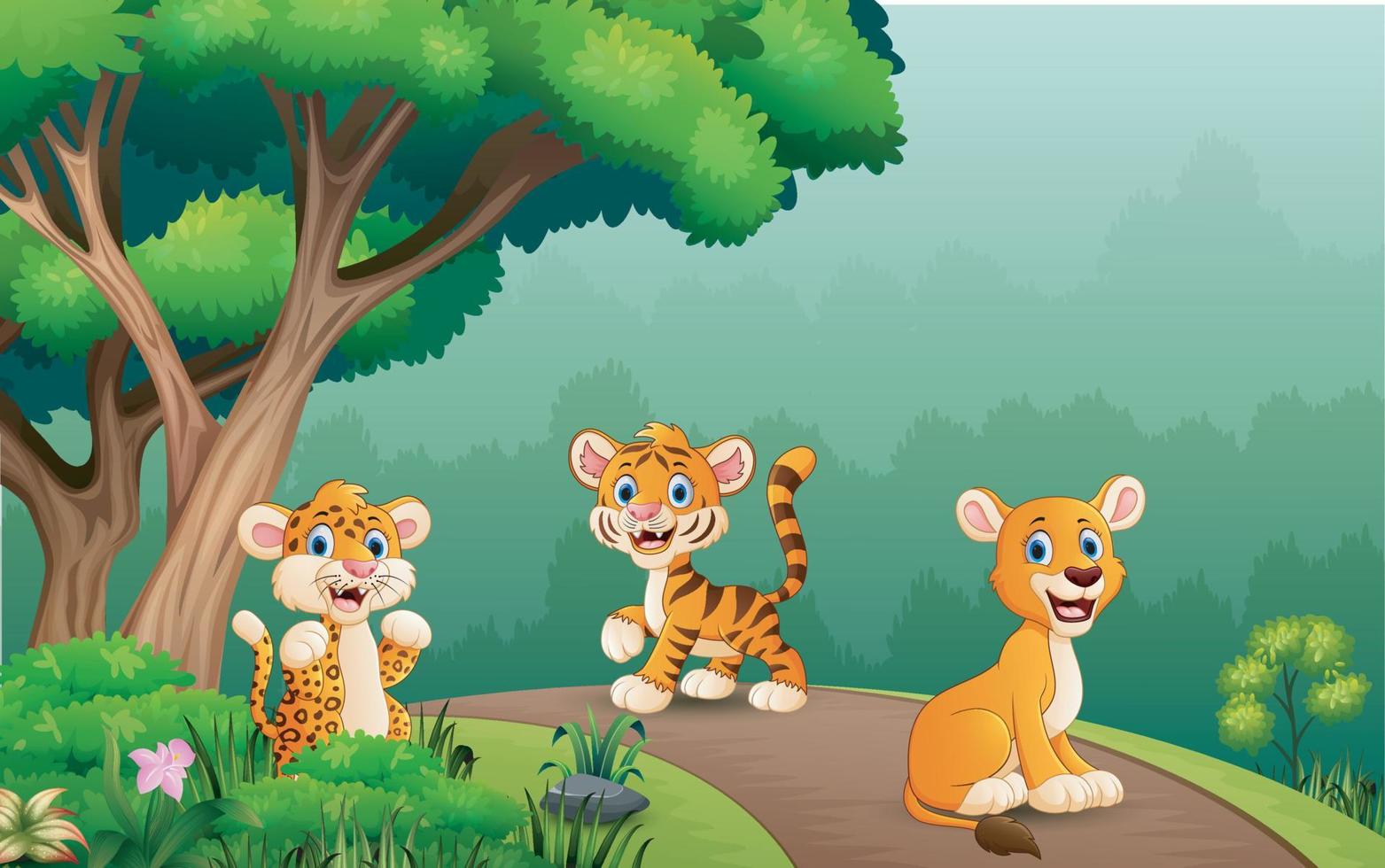 Wild animals cartoon enjoying nature at the forest vector