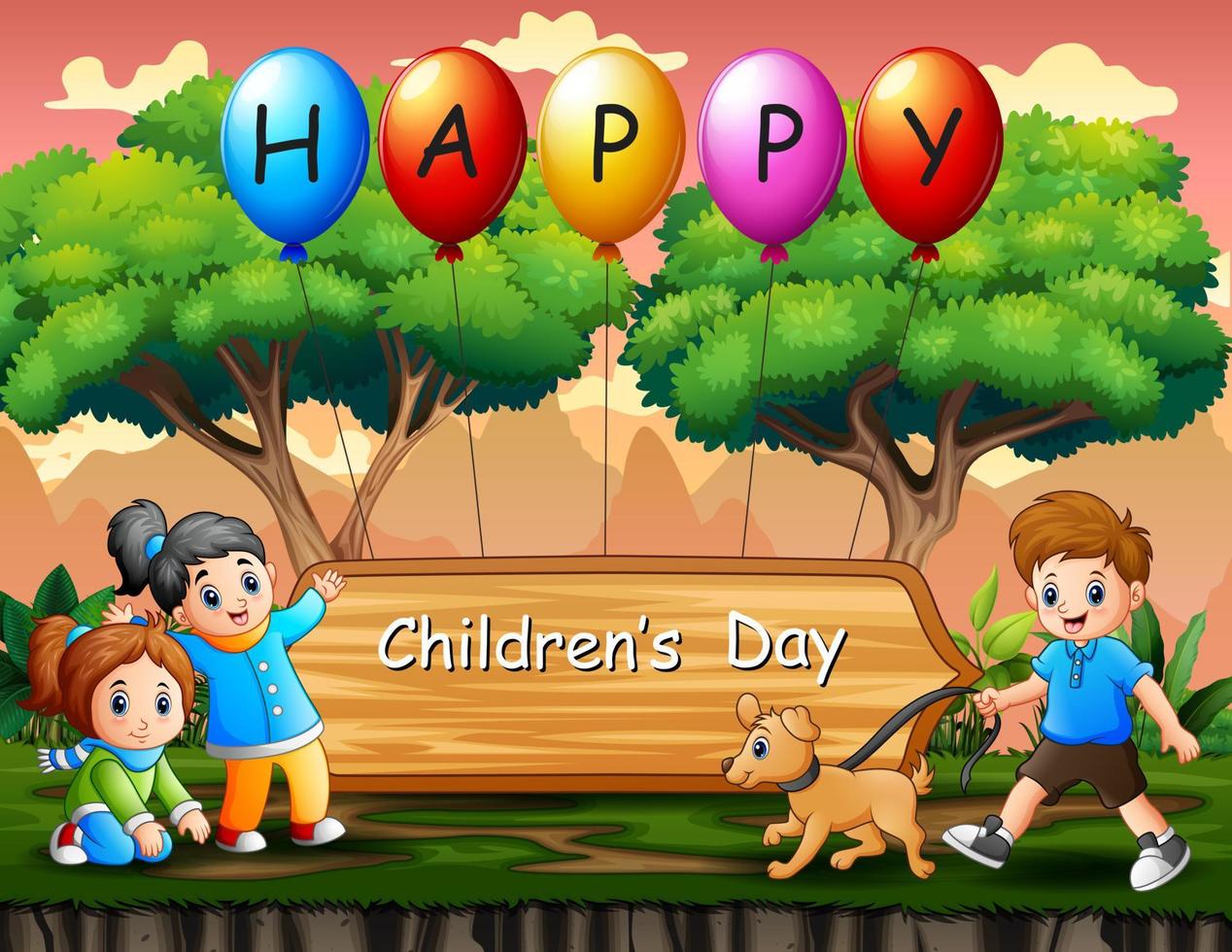 Happy children's day poster with kids playing in the park vector
