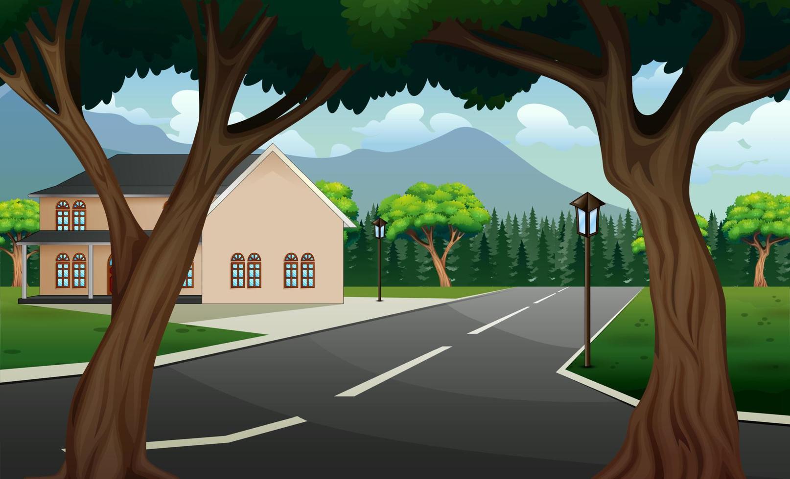 Street scene with building and nature background vector