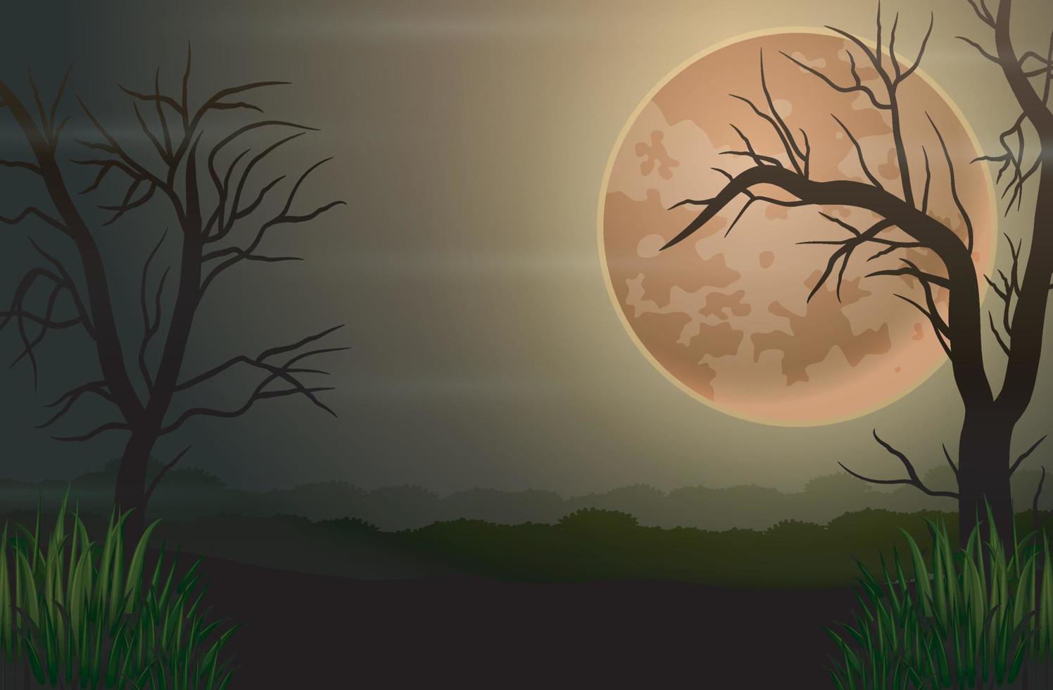 Spooky forest night background with full moon vector