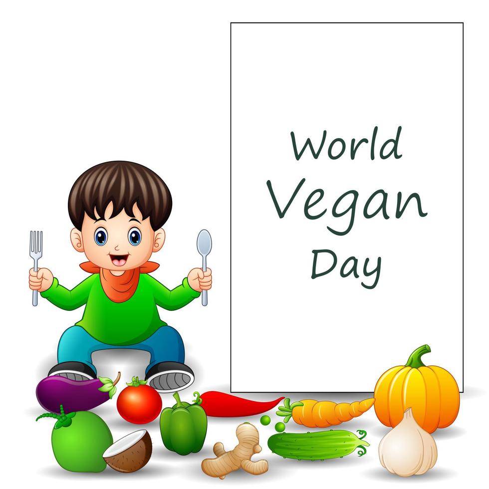 World Vegan Day text design with boy and vegetables vector