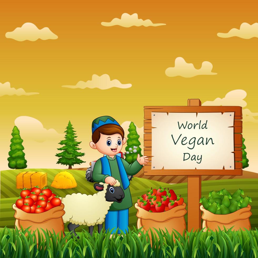 feliz día mundial vegano con verduras y granjero en el jardín vector