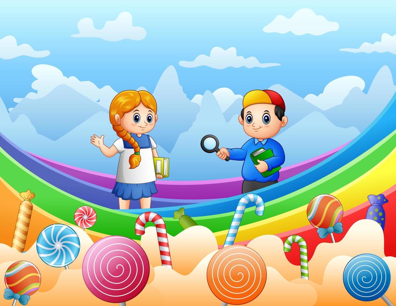 Kids on a rainbow and candies background vector