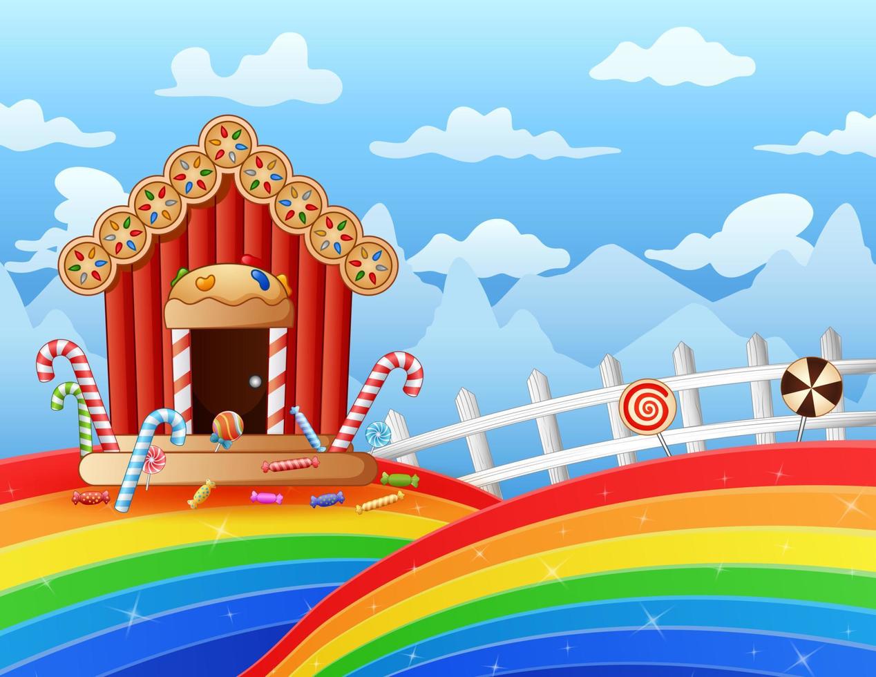 Illustration of sweet house of candy on a rainbow landscape vector