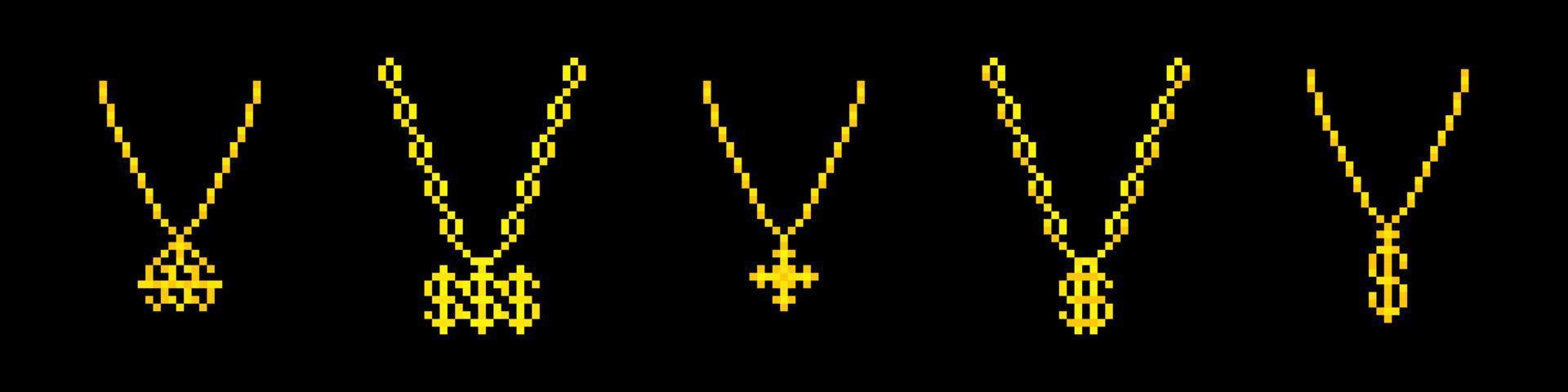 Rapper pixel gold chains collection. Luxurious rich necklace with dollar symbol for game party cultural hip hop with expensive vector treasure