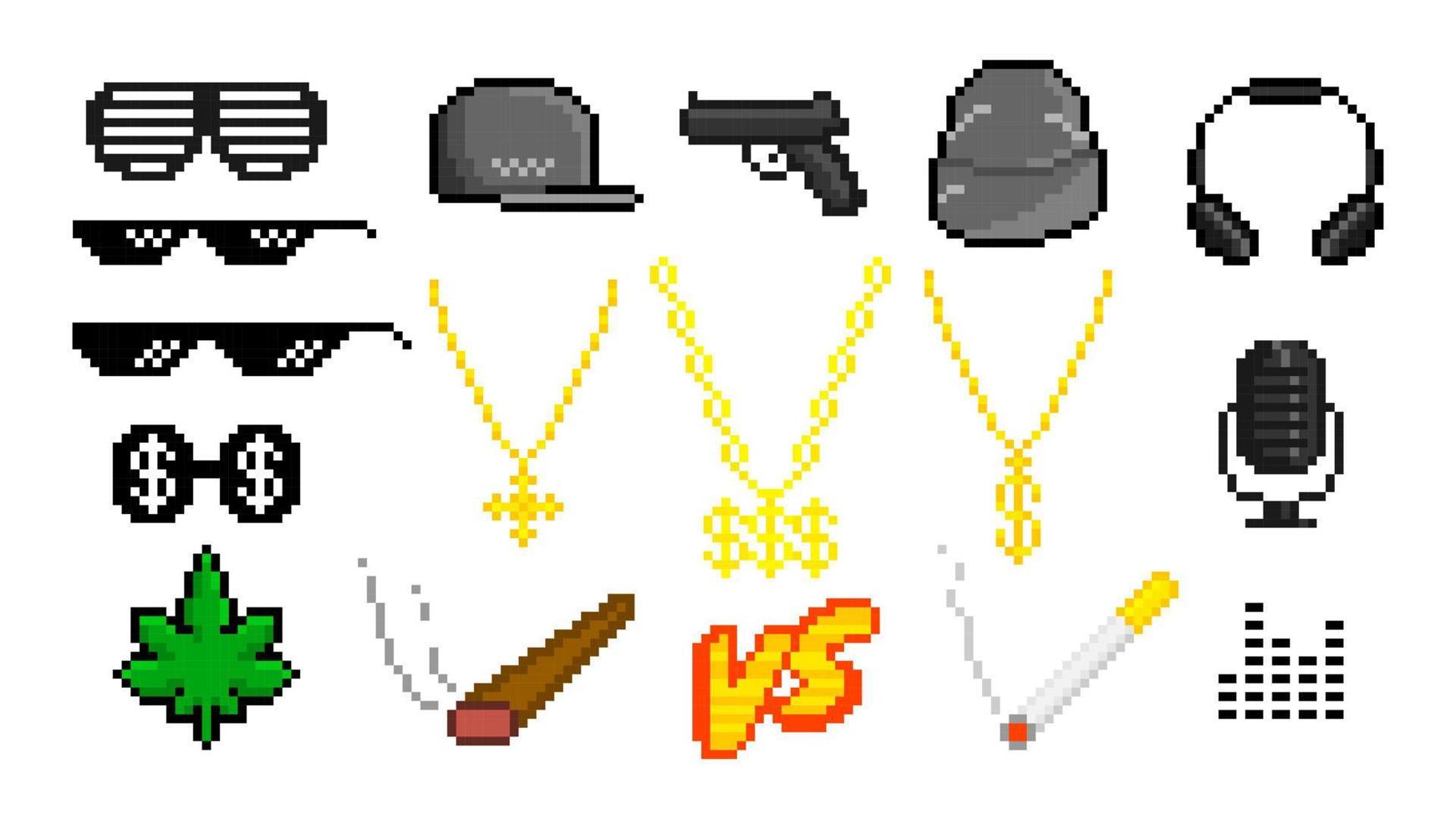 Rapper trending pixel things set. Hip hop baseball caps with gold chains with dollar sign and gun. Fashionable sunglasses and smoking jambs vc rap battle symbol black vector art.