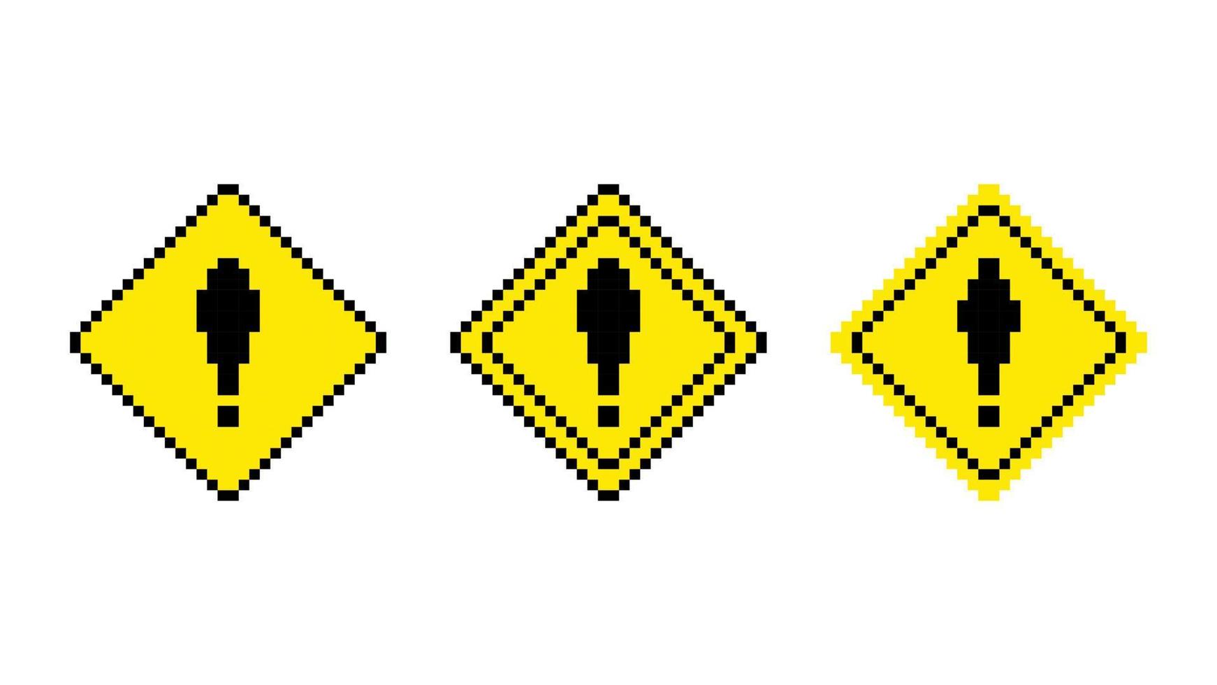 señal de tráfico de advertencia de píxeles. rombo amarillo con signo de exclamación negro de atención y precaución. información de peligro en el diseño de vectores de juegos de 8 bits.