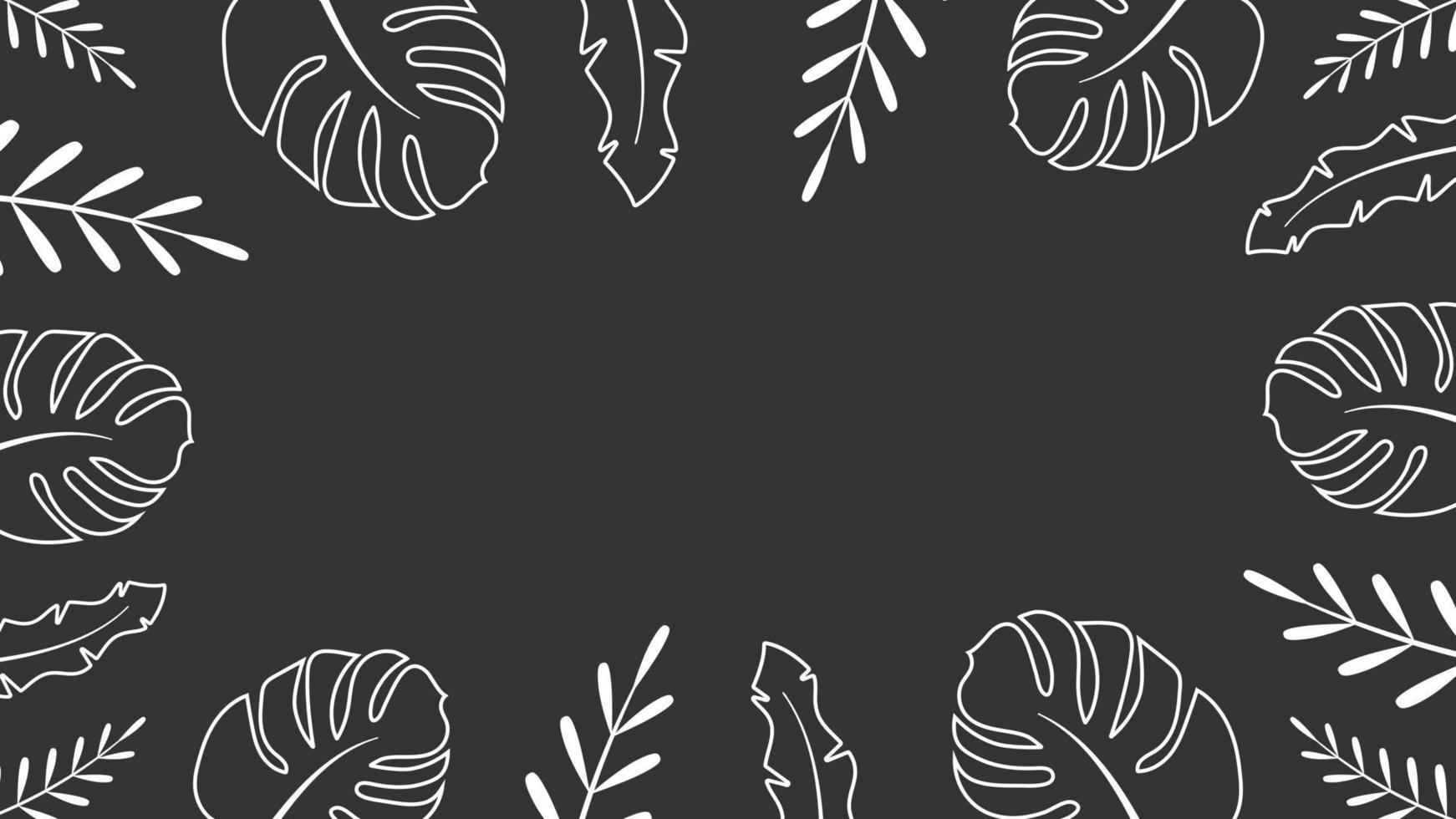 Frame ornament from tropical leaves background. White jungle plants around edges with white space in center. Summer abstract doodle banner with botanical vector decor