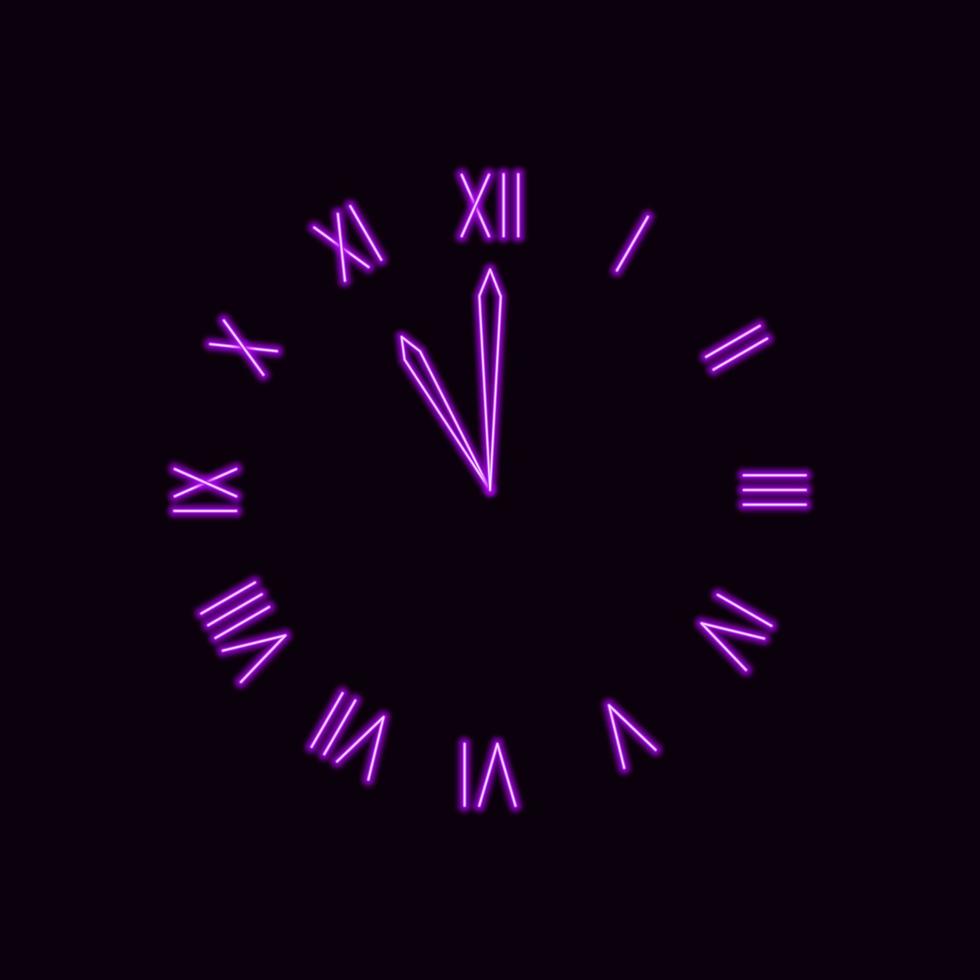 Purple clock with roman numerals. Neon luminous dial in antique style with laser illumination. Colorful chronometer in night retro synthwave vector design.