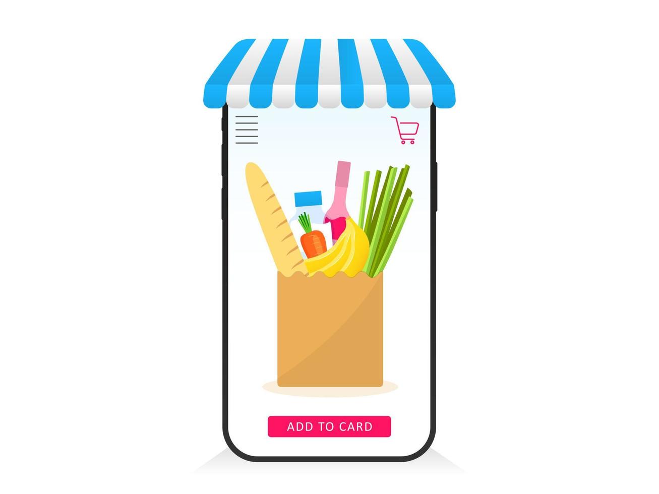 productos de compras en línea en la plantilla de aplicación web. teléfono inteligente con dosel y paquete de alimentos seleccionados en la pantalla. pedido web de supermercado con entrega rápida de vectores