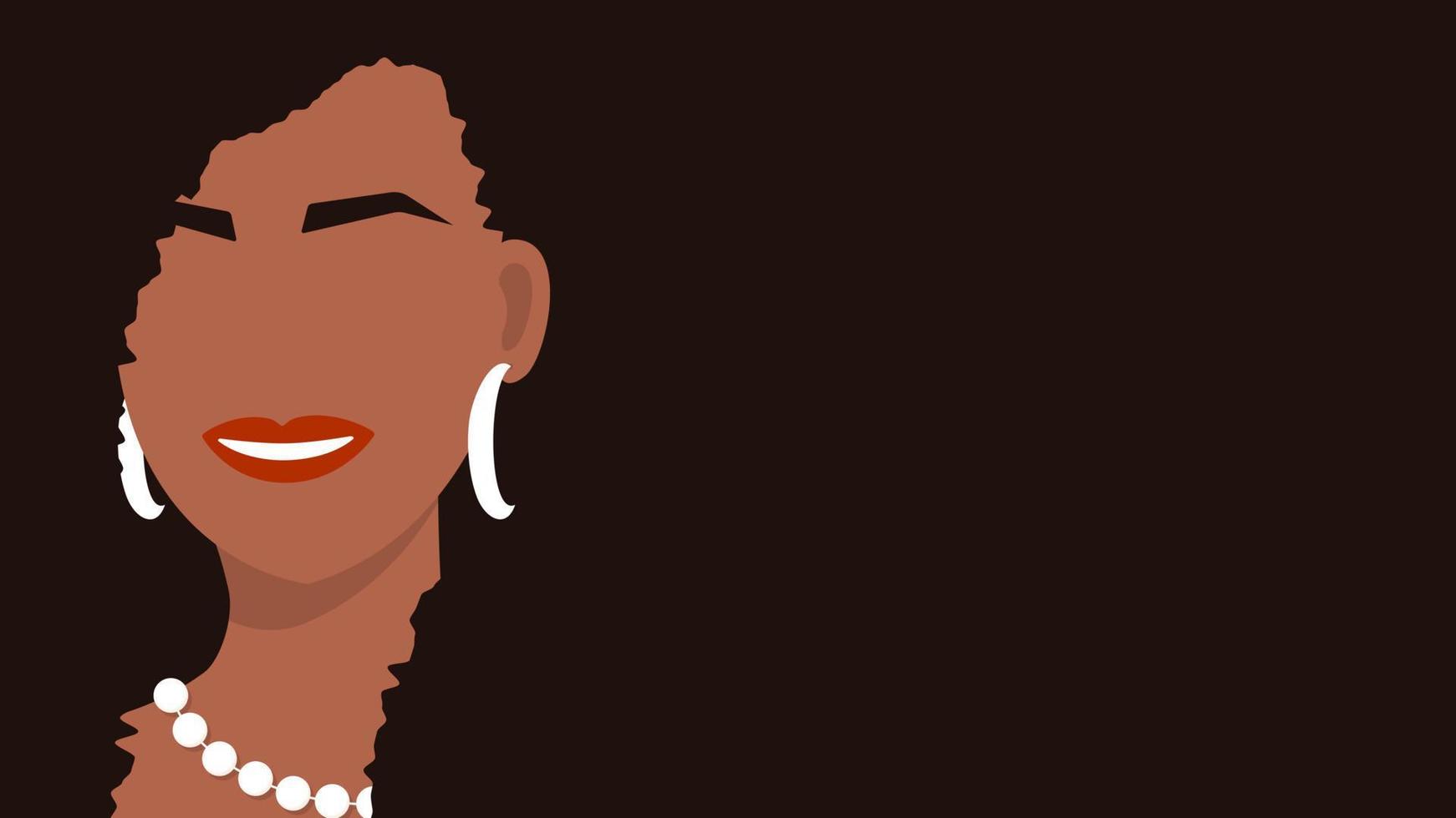 mujer afroamericana con pancarta de peinado exuberante. belleza elegante con cabello negro lujoso y collar de perlas. hermosa plantilla de vector de niña sonriente