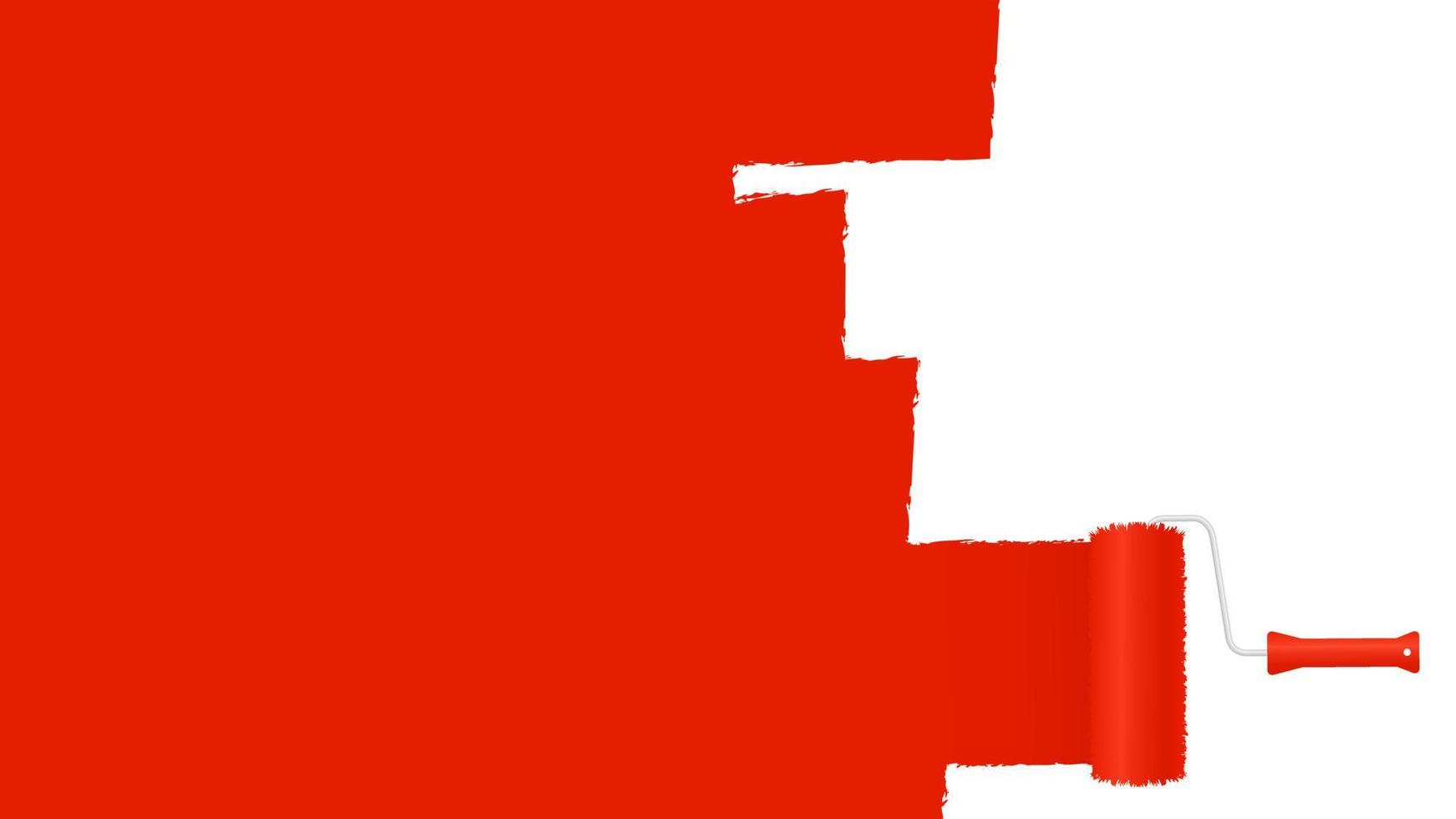 Paint roller dyeing red surface banner. Decoration wall painting in home and office renovation. Abstract picture art of trendy vector impressionism