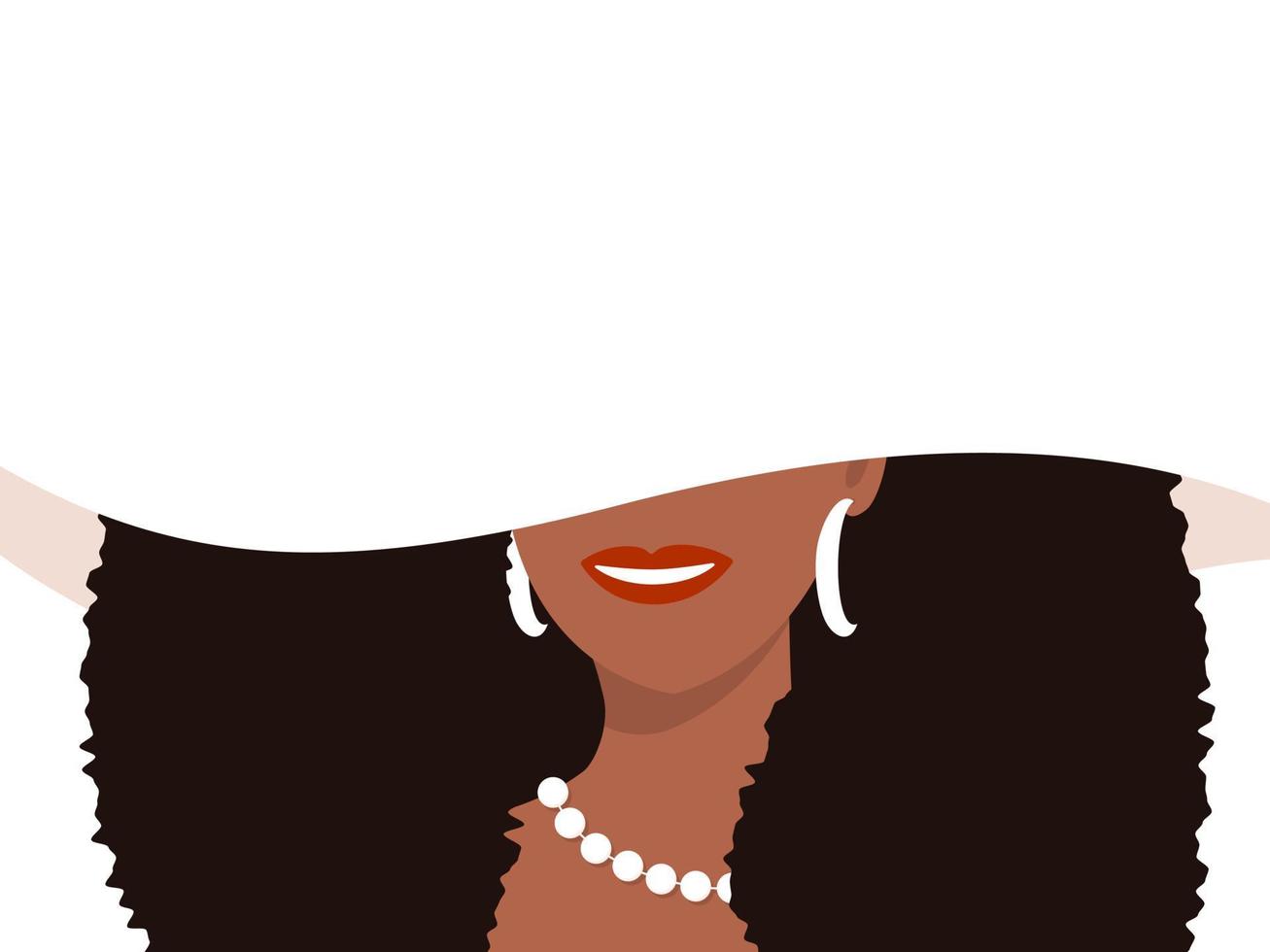 Beautiful african american woman in wide hat banner. Stylish beauty with black luxurious hair with pearl necklace. Fashionable smiling woman in summer vintage vector cap