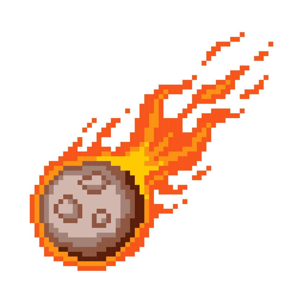 Falling fiery pixel meteor. Flaming asteroid rushing towards planet burning fire with glowing meteorite core red flame after powerful explosion with vector sparks