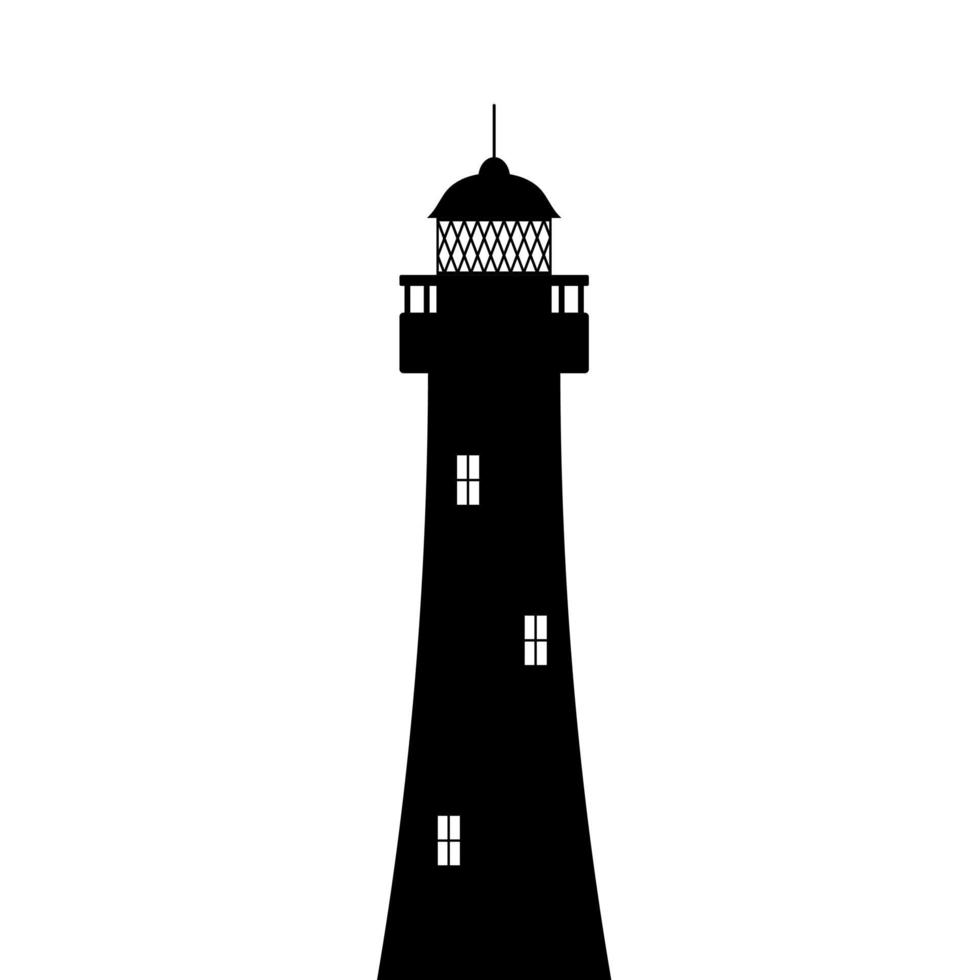 Lighthouse silhouette. Black tower with floodlight dome and luminous windows. Seaside safe navigation landmark for ships in vector night.