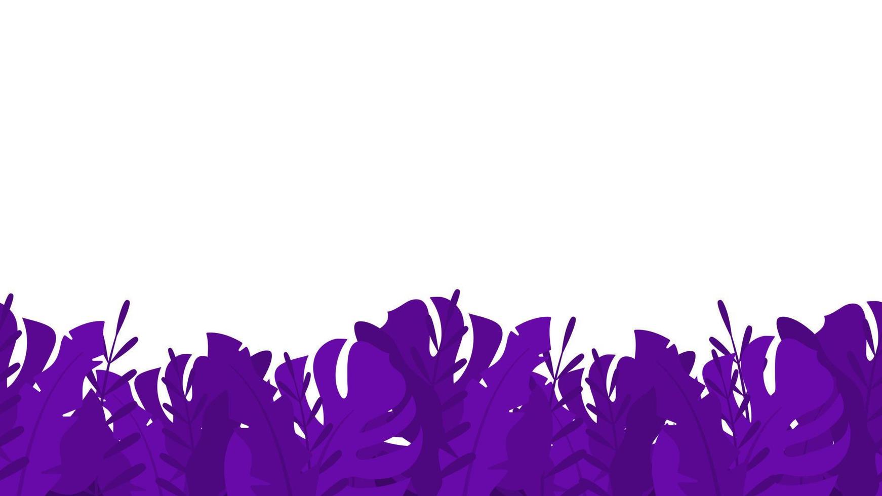 Bushes tropical plants background. Purple lush leaves with impenetrable bright vegetation. Natural horizontal landscape banner with wild vector thickets