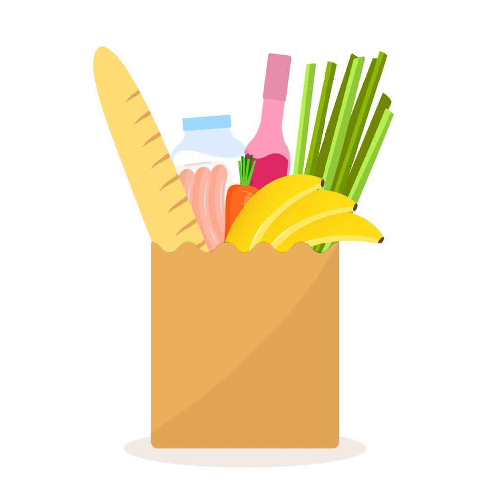 Paper bag with groceries. Fresh bread with sausages and bottle wine. Shopping in store and online supermarket with delivery. Fresh bananas and vector salad