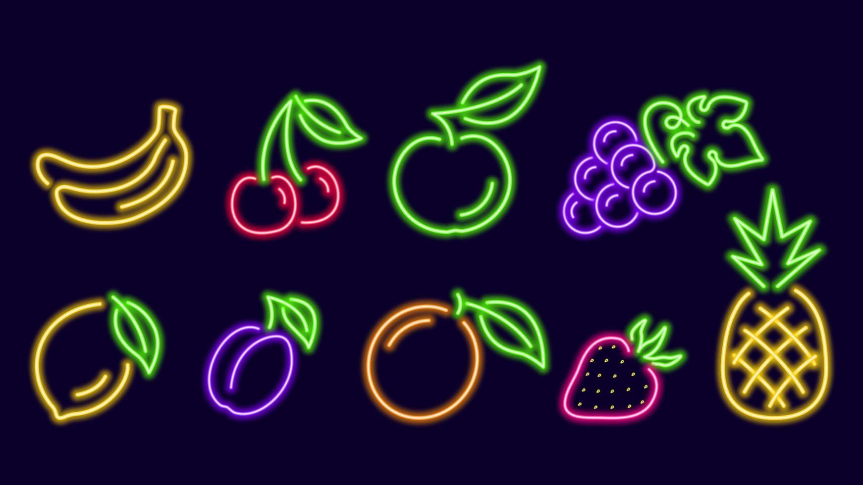 Neon silhouettes of fruits. Colorful purple plum and red strawberry with green tails. Yellow banana drawn in one line with bunch of blue grapes. Digital design for nightlife vector signage