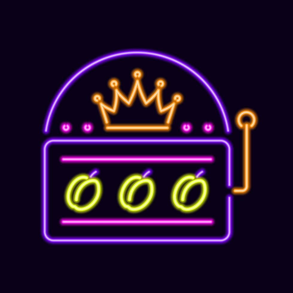 Gaming neon glowing machine. Purple gambling sign with glowing three jackpot lemons and crown. Golden starter pen with glowing dots and vector switches