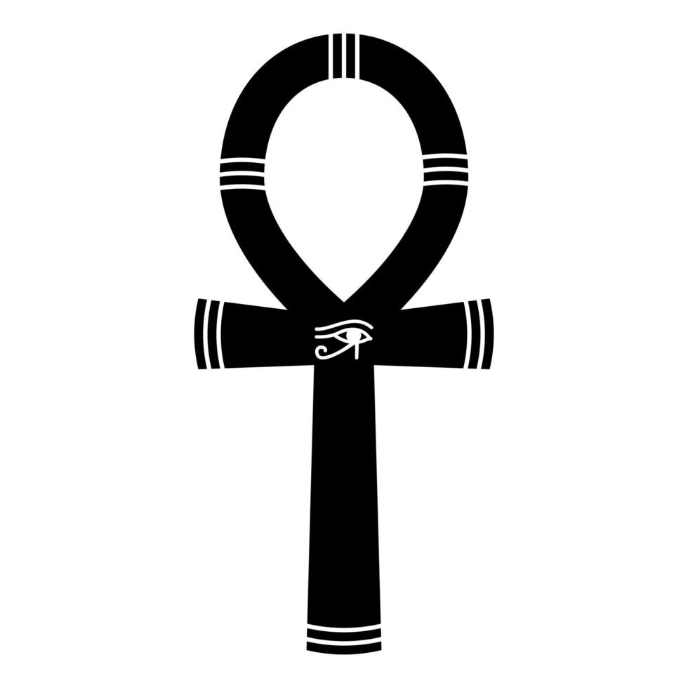 Egyptian ankh icon. Black occult symbol immortality with eye horus in center. Coptic cross eternal wisdom and protective key vector life