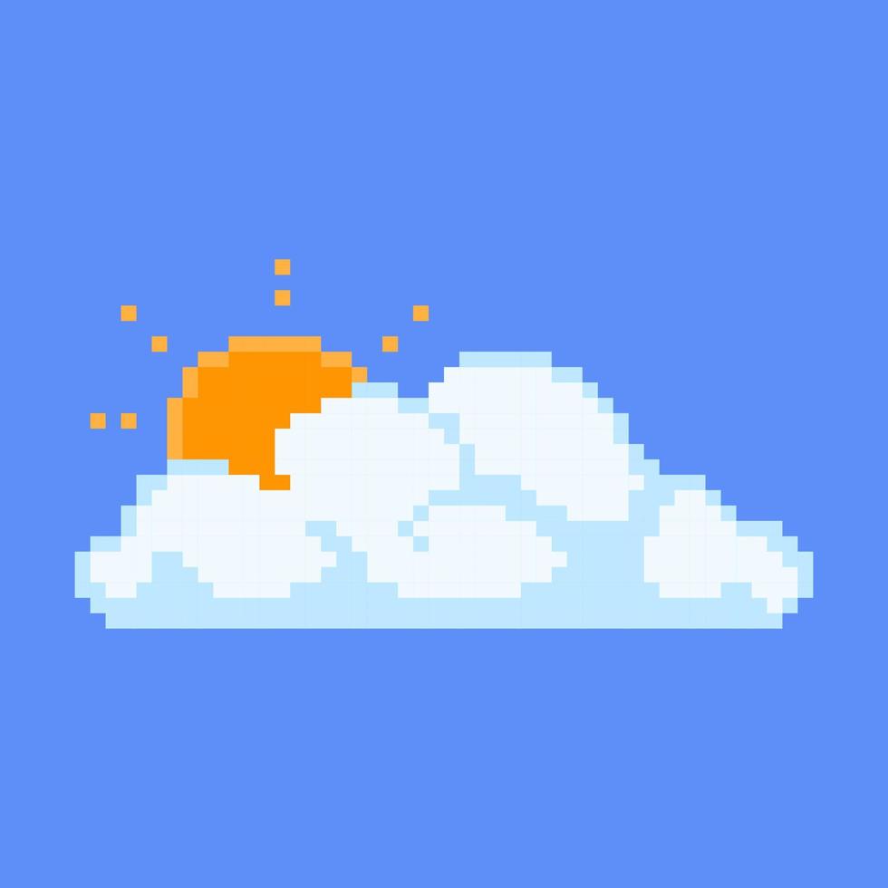 Thunderous pixel cloud with sun peeping out. Outgoing large cluster and orange luminary emerging from behind it. Cloudy weather with periodic vector sun