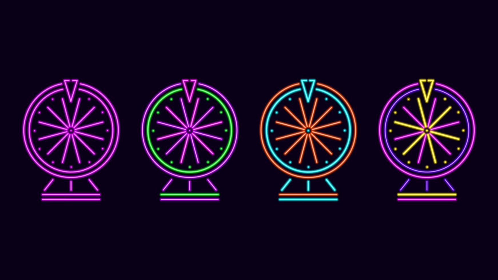Neon wheels of fortune. Glowing purple roulette wheel for random gambling win and vector lucky jackpot