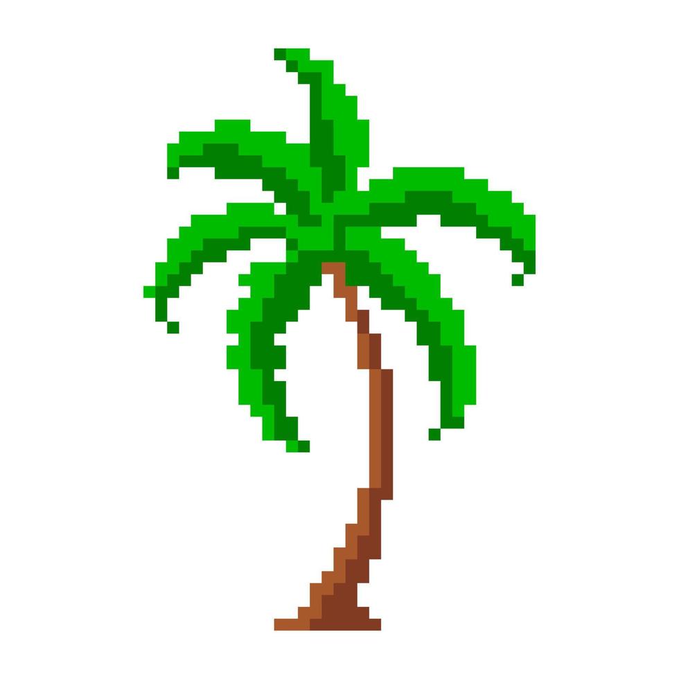 palmera tropical pixelada. hojas verdes grandes con tronco de píxel curvo marrón. decoración abstracta para juegos y presentación de vectores retro