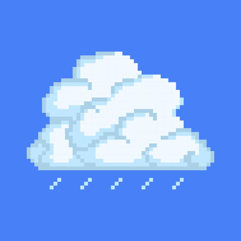 Thundercloud pixel cloud with rain. Cumulus white cluster with gray gradient with heavy rainfall. Rainy season and vector autumn