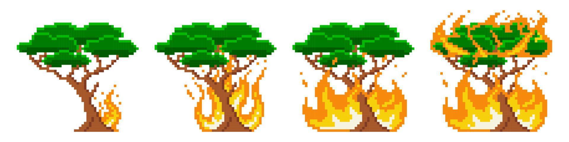 Etapa de fuego de combustión de árbol de píxeles. el fuego está engullendo gradualmente un gran árbol verde. la pequeña llama inicial se convierte en un enorme vector infernal