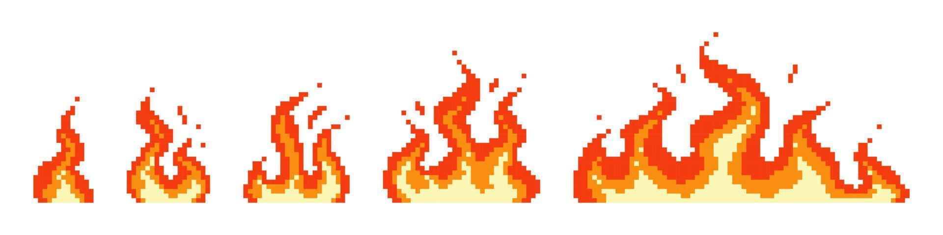 Stages of pixel flame ignition. Small red bonfire turning into fiery hell consequences of explosion blazing with raging vector flame